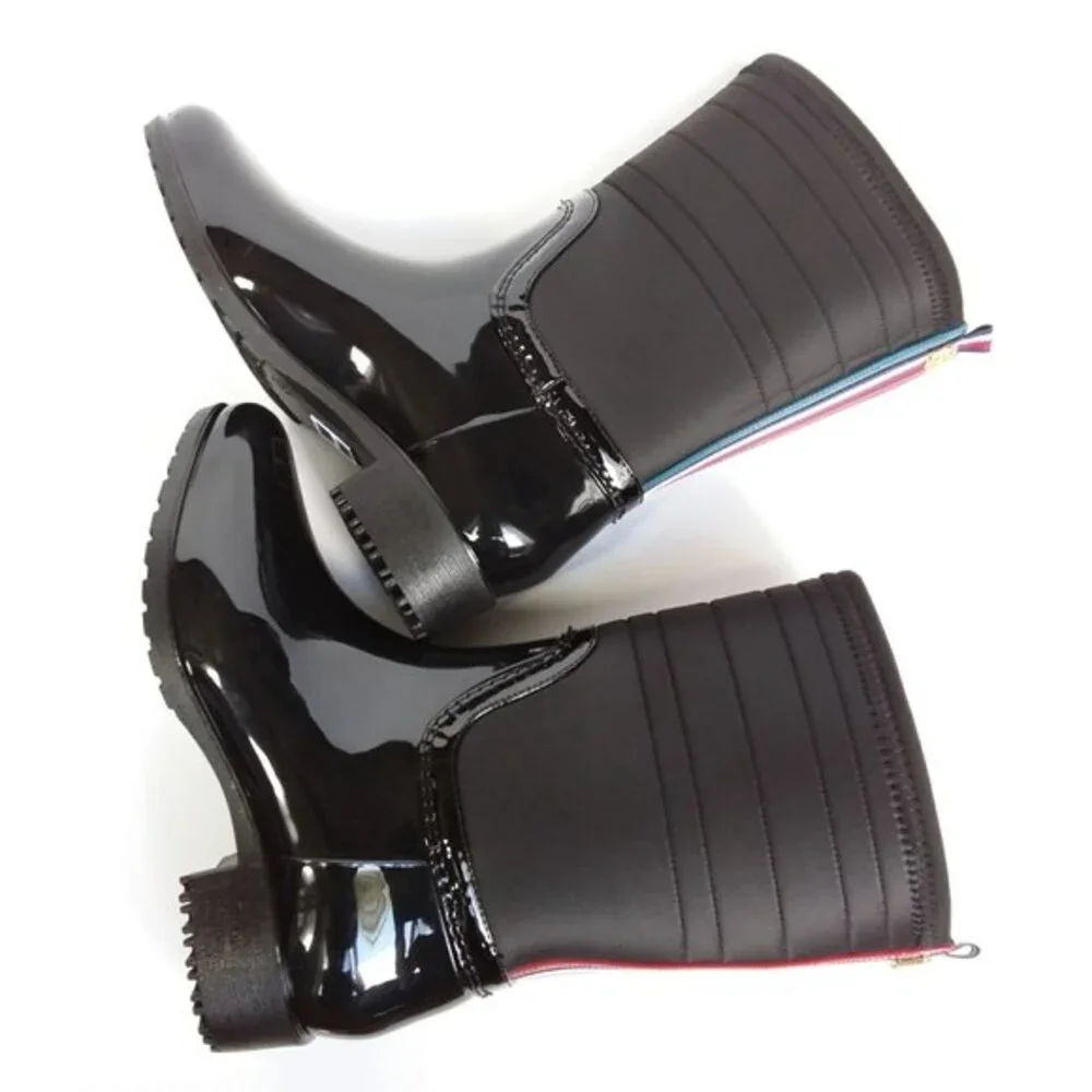 New Tommy Hilfiger Glossy Fonsi Hilfiger Stripe Rain Boot Black 6